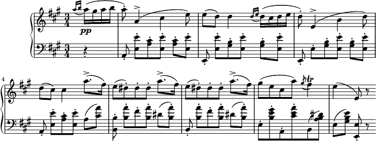 
\version "2.14.2"
\header {
  tagline = ##f
}
upper = \relative c'' {
  \clef treble 
  \key a \major
  \time 3/4
  \tempo 4 = 102
    \set Staff.midiInstrument = #"violin"
  \partial 4
 \acciaccatura { a'16[ b] }
  a16\pp( gis a b
  a8-.) a,4^>( cis e8)
  e8( d) d4 \acciaccatura { d16[ e] }  d16( cis d e 
  d8-.) e,4^>( b' d8)
  d8( cis) cis4
  \repeat unfold 2 { a'8.->( fis16) e8[( dis-.) dis-. dis-.] } a'8.->( fis16)
  gis8( e cis a') \acciaccatura gis8( fis4)\trill % \startTrillSpan { \afterGrace e16[ fis]\stopTrillSpan }
  e4( e,8) r8
}
lower = \relative c {
  \clef bass
  \key a \major
  \time 3/4
    \set Staff.midiInstrument = #"pizzicato strings"
   \acciaccatura s8
   \partial 4
   r4
   a8-. < e'' e, >8-.[ \repeat unfold 2 { < cis a >8-. < e e, >8-.] }
   e,,8-. < e'' e, >8-.[ \repeat unfold 2 { < b gis >8-. < e e, >8-.] }
   e,,8-. e'8-.[ \repeat unfold 2 { < b' gis >8-. < e e, >8-.] }
   a,,8-. < e'' e, >8-.[ < cis a >8-. < e e, >8-.] a,( < a' cis, >8)
   < b, b, >8-. < a' b, >8-.[ fis-. < a b, >8-.] dis,( < a' b, >8-.)
   b,,8-. < a'' b, >8-.[ fis-. < a b, >8-.] dis,( < a' b, >8-.)
   e,8-. < gis' e b >8-. a,,8-. < a'' e cis >8-. b,,( < dis' b a >8)
   e,8[( < e' b gis >8)] < e, e, >8-. r8 \bar ":|"
}
\score {
  \new PianoStaff <<
    \set PianoStaff.instrumentName = #"Cordes"
    \new Staff = "upper" \upper
    \new Staff = "lower" \lower
  >>
  \layout {
    \context {
      \Score
      \remove "Metronome_mark_engraver"
    }
  }
  \midi { }
}
