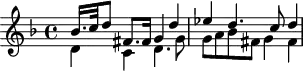 
\version "2.18.2"
\header {
  tagline = ##f
  % composer = "Johann Pachelbel"
  % opus = "Hexachordum Apollinis : Aria quarta"
  % meter = ""
}
\score {
<<
  \relative c'' {
    \key f \major
    \time 4/4
    \override TupletBracket #'bracket-visibility = ##f 
     << { bes16. c32 d8 fis,8. fis16 g4 d' | ees d4. c8 d4 } 
     \\ { d,4 c d4. g8 | g a bes fis g4 fis } >> |
  }
>>
  \layout {
     #(layout-set-staff-size 17)
     \context { \Score \remove "Metronome_mark_engraver" 
     \override SpacingSpanner.common-shortest-duration = #(ly:make-moment 1/2)
     }
  }
}
