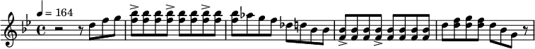 
  \new Staff {
    \set Staff.midiInstrument = #"overdriven guitar"
    \relative b' {
      \key bes \major
      \time 4/4
      \tempo 4 = 164
      r2 r8 d8 [f8 g8] | <f bes>8-> <f bes>8 <f bes>8 <f bes>8-> <f bes>8 <f bes>8 <f bes>8-> <f bes>8 | <f bes>8 as8 g8 f8 des8 d8 bes8 bes8 | <f bes>8-> <f bes>8 <f bes>8 <f bes>8-> <f bes>8 <f bes>8 <f bes>8 <f bes>8| d'8 <d f>8 <d g>8 <d f>8 d8 bes8 g8 r8 |
    }
  }
