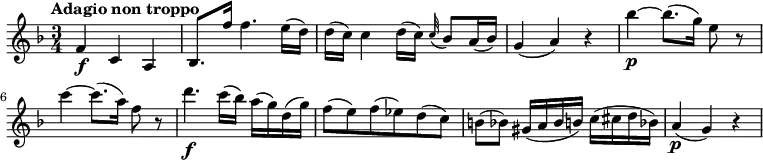 
\relative c'' {
    \version "2.18.2"
    \key f \major
    \time 3/4
    \tempo "Adagio non troppo"
    \tempo 4 = 50
  f,4 \f c  a
  bes8. f''16 f4. e16 (d)
  d (c) c4 d16 (c) \grace c32 (bes8) a16 (bes)
  g4 (a) r
  bes'4\p ~ bes8. (g16) e8 r
  c'4 ~ c8. (a16) f8 r
  d'4.\f c16 (bes) a (g) d (g)
  f8 (e) f (ees) d (c)
  b (bes) gis16 (a bes b) c (cis d bes!)
  a4\p (g) r
}
