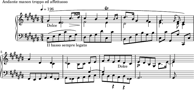 
\version "2.18.2"
\header {
  tagline = ##f
}
upper = \relative c'' {
  \clef treble 
  \key cis \major
  \time 3/4
  \tempo 4 = 126
  %\autoBeamOff
  \override TupletBracket.bracket-visibility = ##f
   %%Montgeroult — Étude 101 (pdf p. 149)
    << { gis4(_\markup{Dolce} eis cis'8.\> dis16\! cis4 bis \afterGrace cis\trill { bis16 cis } dis8. bis16 gis4 gis gis4. \acciaccatura gis8 fis8 eis4) } { s2 s8 s\turn } \\ { s4 eis2 fis2 eis4 dis2 fis4 eis4. dis8 cis4 } >>
    << { ais'4( dis, dis dis2 dis8 eis  fis gis eis fis_\markup{Dolce} dis cis } \\ { s2 cis4 cis bis8 cis  \change Staff = "lower" \stemUp gis4^~ gis r4 r4 }  >>
    eis'8\p dis bis gis   
    << { s4 gis'2) } \\ { cis,8. eis16~] eis4 } >>
}
lower = \relative c {
  \clef bass
  \key cis \major
  \time 3/4
   cis8(_\markup{Il basso sempre legato} eis gis cis eis, gis) dis fis gis dis' cis, cis'
   bis,8 dis gis bis gis bis
   cis,8[ cis'] gis,[ gis'] cis,,[ cis']
   fis,8 eis fis gis ais fisis | \stemDown gis fisis gis ais bis cis dis bis cis ais bis fisis \stemUp gis2. gis8
}
  \header {
    piece = "Andante manon troppo ed affettuoso"
  }
\score {
  \new PianoStaff <<
    \new Staff = "upper" \upper
    \new Staff = "lower" \lower
  >>
  \layout {
    \override TupletBracket.bracket-visibility = ##f
    \context {
      \Score
      %\remove "Metronome_mark_engraver"
    }
  }
  \midi { }
}
