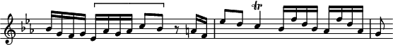 
\version "2.18.2"
\header {
  tagline = ##f
}
\score {
  \new Staff \with {
    \remove "Time_signature_engraver"
    fontSize = #-1
  }
<<
  \relative c'' {
    \key ees \major
    \time 4/4
     %% SUJET fugue CBT I-7, BWV 852, mi-bémol majeur
     \stemUp bes16 g f g \[ ees aes g aes c8 bes \] r8 a16 f ees'8 d c4\trill bes16 f' d bes aes f' d aes g8 
  }
>>
  \layout {
     \context { \Score \remove "Metronome_mark_engraver" 
     \consists "Horizontal_bracket_engraver"
     }
  }
  \midi {} 
}
