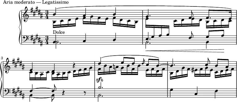 
\version "2.18.2"
\header {
  tagline = ##f
}
upper = \relative c'' {
  \clef treble 
  \key b \major
  \time 3/4
  \tempo 4 = 62
  %\autoBeamOff
   %%Montgeroult — Étude 106 (pdf p. 163)
   << { b4( ais b gis4. fis8 fis8. e16) } \\ { b16 cis dis e fis  gis fis e fis dis cis b e \stemUp \change Staff = "lower" gis, ais b \stemDown \change Staff = "upper" cis dis e dis b cis dis cis } >>
   << { e4 dis b'4\rest dis4( e8[ dis] \slashedGrace dis8 cis b~) b4. cis8 b[ ais] } \\ { cis,16 b ais cis  b ais b cis dis e fis gis fis b ais a! gis b fis b e, fis dis fis | b, dis gis fis eis fis gis eis cis dis eis fis } >>
}
lower = \relative c {
  \clef bass
  \key b \major
  \time 3/4
   << { b4^\markup{Dolce} cis dis e4._\< fis8 gis[ ais]\! } \\ { b,2. b }  \\ { s2. s2 \stemDown b4 } >>
   << { fis'4~ fis8 d4\rest d8\rest b'2.^\sfz } \\ { b,4~ b8 s4 s8 b2. } >>
   gis'4 cis, fis
}
  \header {
    piece = "Aria moderato — Legatissimo"
  }
\score {
  \new PianoStaff <<
    \new Staff = "upper" \upper
    \new Staff = "lower" \lower
  >>
  \layout {
    \context {
      \Score
      \remove "Metronome_mark_engraver"
    }
  }
  \midi { }
}
