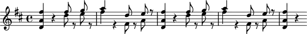 
\header {
  tagline = ##f
}
\score {
  \new Staff \with {
  }
<<
  \relative c'' {
    \key d \major
    \time 4/4
    \override TupletBracket #'bracket-visibility = ##f 
    \autoBeamOff
     %%%%%%%%%%% K 97 - silence à monter
     < d, a' fis' >4 r4 
     << { fis'8 s8 g8 s8 a4 s4 d,8 s8 e8 r8 } \\ { d8 r8 e8 r8 fis4 r4 fis,8 r8 a8 s8 } >>
     < d, a' fis' >4 r4 
     << { fis'8 s8 g8 s8 a4 s4 d,8 s8 e8 r8 } \\ { d8 r8 e8 r8 fis4 r4 fis,8 r8 a8 s8 } >>
     < d, a' fis' >4 r4 
  }
>>
  \layout {
    \context {
      \remove "Metronome_mark_engraver"
    }
  }
  \midi {}
}
