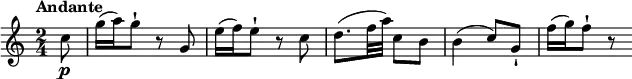 
\relative c'' {
   \version "2.18.2"
    \key c \major
    \time 2/4
    \tempo "Andante" 
 \partial 4 \partial 8 c8\p g'16 (a) g8-! r8 g,8
 e'16 (f) e8-! r8 c8
 d8. (f32 a) c,8 b
 b4 (c8) g-!
 f'16 (g) f8-! r8
  }
