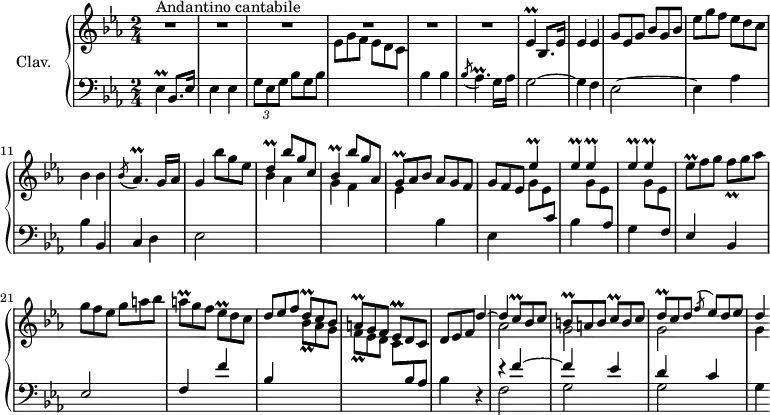 
\version "2.18.2"
\header {
  tagline = ##f
  % composer = "Domenico Scarlatti"
  % opus = "K. 507"
  % meter = "Andantino cantabile"
}
%% les petites notes
trillEesDown     = { \tag #'print { ees,4\prall } \tag #'midi { f32 ees f ees~ ees8 } }
trillEesUp       = { \tag #'print { ees'4\prall } \tag #'midi { f32 ees f ees~ ees8 } }
trillAesp        = { \tag #'print { \acciaccatura bes8 aes4.\prall } \tag #'midi { bes32 aes bes aes bes aes~ aes16~ aes8 } }
trillD           = { \tag #'print { d4\prall } \tag #'midi { ees32 d ees d~ d8 } }
trillBesqUp      = { \tag #'print { bes'8_\prall } \tag #'midi { \times 2/3 { bes32 c bes~ } bes16 } }
trillBesq        = { \tag #'print { bes8\prall } \tag #'midi { \times 2/3 { bes32 c bes~ } bes16 } }
trillBes         = { \tag #'print { bes4\prall } \tag #'midi { c32 bes c bes~ bes8 } }
trillGq          = { \tag #'print { g8\prall } \tag #'midi { \times 2/3 { g32 aes g~ } g16 } }
trillEesq        = { \tag #'print { ees8\prall } \tag #'midi { \times 2/3 { ees32 f ees~ } ees16 } }
trillFq          = { \tag #'print { f8_\prall } \tag #'midi { \times 2/3 { f32 g f~ } f16 } }
trillAq          = { \tag #'print { a8\prall } \tag #'midi { \times 2/3 { a32 bes a~ } a16 } }
trillDq          = { \tag #'print { d8\prall } \tag #'midi { \times 2/3 { d32 ees d~ } d16 } }
trillCq          = { \tag #'print { c8\prall } \tag #'midi { \times 2/3 { c32 d c~ } c16 } }
trillBq          = { \tag #'print { b8\prall } \tag #'midi { \times 2/3 { b32 c b~ } b16 } }
upper = \relative c'' {
  \clef treble 
  \key ees \major
  \time 2/4
  \tempo 4 = 90
  \set Staff.midiInstrument = #"harpsichord"
  \override TupletBracket.bracket-visibility = ##f
      s8*0^\markup{Andantino cantabile}
      R2*6
      % ms. 7
      \trillEesDown bes8. ees16 | ees4 ees | \omit TupletNumber  \times 2/3 { g8 ees g } \times 2/3 { bes8[ g bes] } | \times 2/3 { ees8 g f } \times 2/3 { ees8[ d c] } | bes4 bes | \trillAesp g16 aes g4 \times 2/3 { bes'8 g ees } | \stemUp  \trillD \times 2/3 { bes'8 g c, }
      % ms. 15
      \trillBes \times 2/3 { bes'8 g aes, } | \times 2/3 { \trillGq aes8 bes } \times 2/3 { aes8[ g f] } | \times 2/3 { g8 f ees } | \repeat unfold 5 { \trillEesUp } \stemNeutral | \times 2/3 { \trillEesq f8 g } \times 2/3 { \trillFq g8 aes] } |  \times 2/3 { g8[ f ees] } \times 2/3 { g8 a bes }
      % ms. 22
      \times 2/3 { \trillAq g8 f } \times 2/3 { \trillEesq d8 c] }  |
      \stemUp  \times 2/3 { d8[ ees f] } \times 2/3 { \trillDq c8 bes } |
      \times 2/3 { \trillAq g8 f } \times 2/3 { \trillEesq d8 c] }  |
      \times 2/3 { d8[ ees f] } 
      << { \omit TupletNumber d'4~ | d \times 2/3 { \trillCq bes8 c] } | \times 2/3 { \trillBq a8 b } \times 2/3 { \trillCq b8 c } | \times 2/3 { \trillDq c8 d } \acciaccatura f8 \times 2/3 { ees8[ d ees] } | d4 } 
      \\ { s4 | aes2 | g | g | g4 } >>
      % ms. 28
      << {  } \\ {  } >>
      % ms. 34
      % ms. 40
      % ms. 46
      % ms. 52
      % ms. 56
}
lower = \relative c' {
  \clef bass
  \key ees \major
  \time 2/4
  \set Staff.midiInstrument = #"harpsichord"
  \override TupletBracket.bracket-visibility = ##f
    % ************************************** \appoggiatura a16  \repeat unfold 2 {  } \omit TupletNumber  \times 2/3 { } 
      \trillEesDown bes8. ees16 | ees4 ees | \times 2/3 { g8 ees g } \omit TupletNumber \times 2/3 { bes8[ g bes] } \stemDown \change Staff = "upper" | \times 2/3 { ees8 g f } \times 2/3 { ees8[ d c] } \stemNeutral \change Staff = "lower" | bes4 bes | \trillAesp g16 aes
      % ms. 7
      g2~ | g4 f | ees2~ | ees4 aes | bes bes, | c d | ees2 \stemDown \change Staff = "upper" | bes''4 aes | 
      % ms. 15
      g4 f | ees \stemNeutral \change Staff = "lower" bes | ees, \stemDown \change Staff = "upper" \times 2/3 { g'8 ees  \stemUp \change Staff = "lower" c } |
      \stemNeutral \change Staff = "lower" bes4 \stemDown \change Staff = "upper" \times 2/3 { g'8 ees  \stemUp \change Staff = "lower" aes, } \stemNeutral \change Staff = "lower" |
      g4 \stemDown \change Staff = "upper" \times 2/3 { g'8 ees  \stemUp \change Staff = "lower" f, } |
      ees4 bes | ees2 |
      % ms. 22
      f4 f' | bes, \stemDown \change Staff = "upper" \times 2/3 { \trillBesqUp aes8 g } |
      \times 2/3 { \trillFq ees8 d } \times 2/3 { \trillCq \stemUp \change Staff = "lower" bes8 aes } \stemNeutral | bes4 \stemNeutral \change Staff = "lower" r4 
      << { r4 f'4~ | f ees } \\ { f,2 | g } >>
      % ms. 28
      << { d'4 c } \\ { g2 } >> g4 % r4 |
      % ms. 34
      % ms. 40
      % ms. 46
      % ms. 52
      % ms. 56
}
thePianoStaff = \new PianoStaff <<
    \set PianoStaff.instrumentName = #"Clav."
    \new Staff = "upper" \upper
    \new Staff = "lower" \lower
  >>
\score {
  \keepWithTag #'print \thePianoStaff
  \layout {
      #(layout-set-staff-size 17)
    \context {
      \Score
     \override SpacingSpanner.common-shortest-duration = #(ly:make-moment 1/2)
      \remove "Metronome_mark_engraver"
    }
  }
}
\score {
  \keepWithTag #'midi \thePianoStaff
  \midi { }
}
