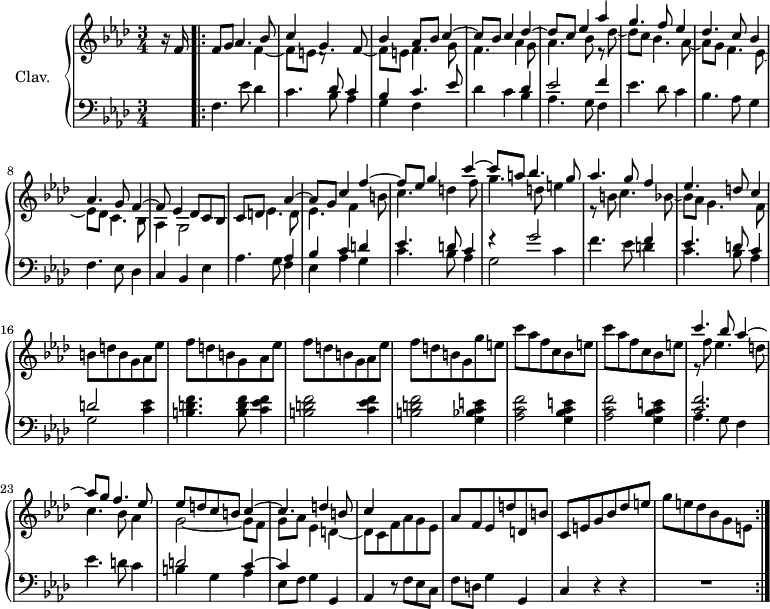 
\version "2.18.2"
\header {
  tagline = ##f
}
%% les petites notes
trillBesp = { \tag #'print { bes4.\prall } \tag #'midi { c32 bes c bes~ bes4 } }
upper = \relative c'' {
  \clef treble 
  \key f \minor
  \time 3/4
  \tempo 4 = 72
  \set Staff.midiInstrument = #"harpsichord"
  \override TupletBracket.bracket-visibility = ##f
      % s8*0^\markup{Allegro}
      \partial 8
      r16 f,16 \repeat volta 2 { f8 g 
      << { s1 s4 | bes4 aes8 bes c4~ c8 bes c4 des~ | des8 c ees4 aes | g4. f8 ees4 | des4. c8 bes4 | aes4. g8 f4~ | f8 ees4 des8 c bes } 
      \\ { \stemUp aes'4. bes8 c4 g4. f8~ | \stemDown f8 e f4. g8 | f4. aes4 g8 | aes4. bes8 r8 des8~ | des c bes4. aes8~ | aes g f4. ees8~ | ees des c4. bes8 | aes4  g2 } 
      \\ { s4 \stemDown f'4_~ | f8 e d8\rest } >> 
      % ms. 10
      c8 d 
      << { s4 aes'4~ | aes8 g c4 f~ | f8 ees g4 c4~ | c8 a bes4. g8 | aes4. g8 f4 | ees4. d8 c4 } 
      \\ { ees,4. d8 | ees4. f4 b8 | c4. d4 f8 g4. d8 e4 | r8 b8 c4. bes8~ | bes aes g4. f8 } >>
      % ms. 16
      b8 d b g aes ees' | \repeat unfold 2 { f8 d b g aes ees' } | f8 d b g g' e |
      % ms. 20
      \repeat unfold 2 { c'8 aes f c bes e } | 
      << { c'4. bes8 aes4~ | aes8 g f4. ees8 | ees d c b c4~ | c4. d4 b8 | c4 } 
      \\ { r8 f8 ees4. d8 | c4. bes8 aes4 | g2~ g8 f | g aes ees4 d~ | d8 c f aes g ees } >>
      % ms. 27
      aes8 f ees d' d, b' | c, e g bes des e | g e des bes g e
      } % Volta
}
lower = \relative c' {
  \clef bass
  \key f \minor
  \time 3/4
  \set Staff.midiInstrument = #"harpsichord"
  \override TupletBracket.bracket-visibility = ##f
    % **************************************
      s8 | f,4. ees'8 des4 | c4. << { des8 c4 | bes c4. ees8 | s2 des4 } \\ { bes8 aes4 | g f s4 | des' c bes4 } >>
      % ms. 5
      << { ees2 f4 } \\ { aes,4. g8 f4 } >>
      % ms. 6
      ees'4. des8 c4 | bes4. aes8 g4 | f4. ees8 des4 | c4 bes ees |
      % ms. 10
      aes4. g8 << { aes4 | bes c d | ees4. d8 c4 | r4 g'2 s2 | f4 | ees4. d8 c4 | d2 } 
      \\ { f,4 ees aes g | c4. bes8 aes4 | g2 c4 | f4. ees8 d4 | c4. bes8 aes4 | g2 } >> < c ees >4 |
      % ms. 17
      < b d f >4. q8 \repeat unfold 2 { < c ees f >4 | < b d f >2 } < g bes c e >4 |
      % ms. 20
      \repeat unfold 2 { < aes c f >2 < g bes c e >4 } | << { < c f >2. s2. | d2 c4~ | c } 
      \\ { aes4. g8 f4 | ees'4. d8 c4 | b4 g aes | ees8[ f] } >> g4 g, |
      % ms. 26
      aes4 r8 f'8 ees c | f d g4 g, | c4 r4 r4 | R2. 
}
thePianoStaff = \new PianoStaff <<
    \set PianoStaff.instrumentName = #"Clav."
    \new Staff = "upper" \upper
    \new Staff = "lower" \lower
  >>
\score {
  \keepWithTag #'print \thePianoStaff
  \layout {
      #(layout-set-staff-size 17)
    \context {
      \Score
     \override SpacingSpanner.common-shortest-duration = #(ly:make-moment 1/2)
      \remove "Metronome_mark_engraver"
    }
  }
}
\score {
  \keepWithTag #'midi \thePianoStaff
  \midi { }
}
