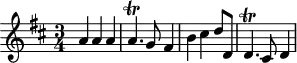 
\version "2.18.2"
\header {
  tagline = ##f
  % composer = "Johann Pachelbel"
  % opus = "Chaconne en ré majeur, P. 39"
  % meter = ""
}
\score {
<<
  \relative c'' {
    %\clef bass
    \key d \major
    \time 3/4
    \override TupletBracket #'bracket-visibility = ##f 
     %s8*0^\markup{Aria}
     a4 a a | a4.\trill g8 fis4 | b cis d8 d, | d4.\trill cis8 d4 |
  }
>>
  \layout {
     #(layout-set-staff-size 17)
     \context { \Score \remove "Metronome_mark_engraver" 
     \override SpacingSpanner.common-shortest-duration = #(ly:make-moment 1/2)
     }
  }
}
