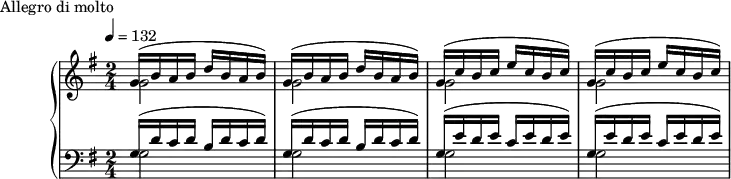 
\version "2.18.2"
\header {
  tagline = ##f
}
upper = \relative c'' {
  \clef treble 
  \key g \major
  \time 2/4
  \tempo 4 = 132
  %\autoBeamOff
   %%Montgeroult — Étude 25 (pdf p. 68)
   \repeat unfold 2 { << { g16( b a b d b a b) } \\ { g2 } >> }
   \repeat unfold 2 { << { g16( c b c e c b c) } \\ { g2 } >> }
}
lower = \relative c {
  \clef bass
  \key g \major
  \time 2/4
   \repeat unfold 2 { << { g'16( d' c d b d c d) } \\ { g,2 } >> }
   \repeat unfold 2 { << { g16( e' d e c e d e) } \\ { g,2 } >> }
}
  \header {
    piece = "Allegro di molto"
  }
\score {
  \new PianoStaff <<
    \new Staff = "upper" \upper
    \new Staff = "lower" \lower
  >>
  \layout {
    \context {
      \Score
    }
  }
  \midi { }
}
