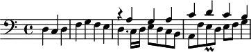 
\version "2.18.2"
\header {
  tagline = ##f
  % composer = "Johann Pachelbel"
  % opus = "Hexachordum Apollinis : Aria Prima"
  % meter = ""
}
\score {
<<
  \relative c {
    \clef bass
    \key c \major
    \time 4/4
    \override TupletBracket #'bracket-visibility = ##f 
     %s8*0^\markup{Aria}
     \partial 2.
     d4 c d | f g f e |
     << { r4 a4 g a | c d c b } 
     \\ { d,4. c16 d e8 d c b | a f' e8\prall d8 e f g4~ } >>
  }
>>
  \layout {
     #(layout-set-staff-size 17)
     \context { \Score \remove "Metronome_mark_engraver" 
     \override SpacingSpanner.common-shortest-duration = #(ly:make-moment 1/2)
     }
  }
}
