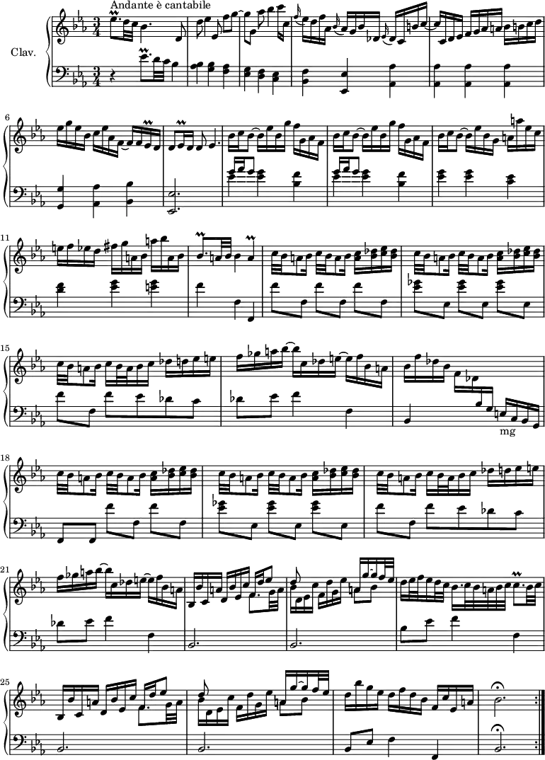 
\version "2.18.2"
\header {
  tagline = ##f
  % composer = "Domenico Scarlatti"
  % opus = "K. 474"
  % meter = "Andante e cantabile"
}
%% les petites notes
trillEesp     = { \tag #'print { ees8.\prall } \tag #'midi { f32~ f64 ees f ees f ees~ ees16~ } }
trillEesqq    = { \tag #'print { ees16\prall } \tag #'midi { \times 2/3 { ees64 f ees~ } ees32 } }
trillBesqp    = { \tag #'print { bes8.\prall } \tag #'midi { c32~ c64 bes c bes c bes~ bes16~ } }
trillA        = { \tag #'print { a4\prall } \tag #'midi { bes64 a bes a~ a16~ \tempo 4 = 20 a8 \tempo 4 = 66 } } 
trillCqp      = { \tag #'print { c8.\prall } \tag #'midi { d64 c d c d c~ c32~ c16 } }
upper = \relative c'' {
  \clef treble 
  \key ees \major
  \time 3/4
  \tempo 4 = 66
  \set Staff.midiInstrument = #"harpsichord"
  \override TupletBracket.bracket-visibility = ##f
  \repeat volta 2 {
      s8*0^\markup{Andante è cantabile}
      \trillEesp d32 c bes4. d,8 | d' ees4 ees,8 f'[ g]~ | g[ g,] aes' bes4   \tempo 4 = 25 c16 \tempo 4 = 66 c, | 
      % ms. 4
      \appoggiatura f16 ees16 d f aes, \appoggiatura bes16 aes16 g bes des, \appoggiatura ees16 des16 c b' c~ | c c, d ees  f g aes a bes b c d | ees g ees bes c ees aes, f~ f f \trillEesqq d16 | 
      % ms. 7
      d8 \trillEesqq d16 d8   \tempo 4 = 50 ees4.   \tempo 4 = 66 | \repeat unfold 2 { bes'16 c bes8~ bes16 ees bes g' f g, aes f } | 
      % ms. 10
      bes16 c bes8~ bes16 ees bes g a a' ees c | e f ees d fis g a, bes a' bes a, bes | \trillBesqp a32 bes bes4 \trillA |
      % ms. 13
      \repeat unfold 2 { \repeat unfold 2 { c32 bes a8 bes16 } < a c >16 < bes des > < c ees > < bes des > } | c32 bes a8 bes16 c bes32 a bes16 c des d ees e |
      % ms. 16
      f16 ges a bes~ bes c, des e~ e f bes, a | bes f' des bes \stemDown f des \stemUp  \change Staff = "lower"   bes g s4 \stemNeutral   \change Staff = "upper" | \repeat unfold 2 { \repeat unfold 2 { c'32 bes a8 bes16 } < a c >16 < bes des > < c ees > < bes des > } |
      % ms. 20
      c32 bes a8 bes16 c bes32 a bes16 c des d ees e | f16 ges a bes~ bes c, des e~ e f bes, \tempo 4 = 40 a | \tempo 4 = 66
      % ms. 22
      bes,16 bes' c, a' d, bes' ees, c' << { f,16 d' ees8 | d8 } \\ { \mergeDifferentlyDottedOn f,8. g32 a | bes16 d, ees c' } >> f,16 d' g, ees' << { a,16 g'~ g f32 ees } \\ { a,8 bes } >> | d16 ees32 f ees16 d32 c bes16. c32 bes a bes c \trillCqp bes32 \tempo 4 = 30 c | \tempo 4 = 66
      % ms. 25
      bes,16 bes' c, a' d, bes' ees, c' << { f,16 d' ees8 | d8 } \\ { \mergeDifferentlyDottedOn f,8. g32 a | bes16 d, ees c' } >> f,16 d' g, ees' << { a,16 g'~ g f32 ees } \\ { a,8 bes } >> | d16 bes' g ees d f d bes f c' \tempo 4 = 56 ees, a \tempo 4 = 40 | bes2.\fermata \tempo 4 = 66 }%repet
}
lower = \relative c' {
  \clef bass
  \key ees \major
  \time 3/4
  \set Staff.midiInstrument = #"harpsichord"
  \override TupletBracket.bracket-visibility = ##f
  \repeat volta 2 {
    % ************************************** \appoggiatura a16  \repeat unfold 2 {  } \times 2/3 { }   \omit TupletNumber 
      r4 \trillEesp d32 c bes4 | < aes bes > < g bes > < f aes > | < ees g > < d f > < c ees > | 
      % ms. 4
      < bes f' >4 < ees, ees' > < aes aes' > | q q q | < g g' > < aes aes' > < bes bes' > |
      % ms. 7
      < ees, ees' >2. \repeat unfold 2 { << { g''16 aes g8  } \\ { ees4 } >> < ees g >4 < bes f' >  }
      % ms. 10
      < ees g >4 q < c ees > | < d f > < ees g > < e g > | f f, f, |
      % ms. 13
      \repeat unfold 3 { f''8[ f,] } | \repeat unfold 3 { < ees' ges >8[ ees,] } | f'8[ f,] f' ees des c |
      % ms. 16
      des8 ees f4 f, | bes, s4 e16-\markup{mg} c bes g | f8 f \repeat unfold 2 { f''[ f,] } |
      % ms. 19
      \repeat unfold 3 { < ees' ges >8[ ees,] } | f'8[ f,] f' ees des c | des8 ees f4 f, |
      % ms. 22
      bes,2. bes | bes'8 ees f4 f, |
      % ms. 25
      bes,2. bes | bes8 ees f4 f, | bes2.\fermata }%repet
}
thePianoStaff = \new PianoStaff <<
    \set PianoStaff.instrumentName = #"Clav."
    \new Staff = "upper" \upper
    \new Staff = "lower" \lower
  >>
\score {
  \keepWithTag #'print \thePianoStaff
  \layout {
      #(layout-set-staff-size 17)
    \context {
      \Score
     \override SpacingSpanner.common-shortest-duration = #(ly:make-moment 1/2)
      \remove "Metronome_mark_engraver"
    }
  }
}
\score {
  \unfoldRepeats
  \keepWithTag #'midi \thePianoStaff
  \midi { }
}
