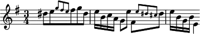 
\version "2.18.2"
\header {
  tagline = ##f
}
\score {
  \new Staff \with {
  }
<<
  \relative c' {
    \clef treble
    \key g \major
    \time 3/4
    \tempo 4 = 72
    \set Staff.midiInstrument = #"harpsichord" 
    \set Score.currentBarNumber = #26
     %% Prélude du CBT, BWV 884, sol majeur
     s8 dis'[ e \grace { \omit TupletNumber \times 2/3 { g8 fis e } } fis8 g dis] e16 b c a g8 e' \stemDown fis,[ \grace { \stemUp \omit TupletNumber \times 2/3 { e'8 dis cis } } \stemDown dis8] e16 b g b e,4~
  }
>>
  \layout {
     \context { \Score \remove "Metronome_mark_engraver" 
     \override SpacingSpanner.common-shortest-duration = #(ly:make-moment 2/3)
}
  }
  \midi {} 
}
