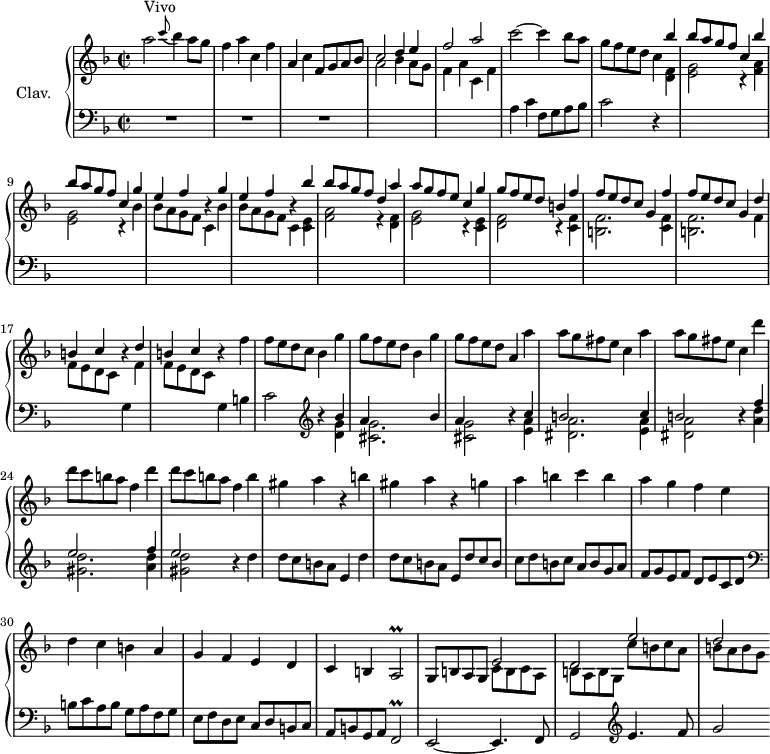 
\version "2.18.2"
\header {
  tagline = ##f
  % composer = "Domenico Scarlatti"
  % opus = "K. 195"
  % meter = "Vivo"
}
%% les petites notes
trillFb       = { \tag #'print { f2\prall } \tag #'midi { g32 f g f~ f8~ f4 } }
trillAb       = { \tag #'print { a2\prall } \tag #'midi { b32 a b a~ a8~ a4 } }
upper = \relative c'' {
  \clef treble 
  \key f \major
  \time 2/2
  \tempo 2 = 102
      s8*0^\markup{Vivo}
      a'2 \appoggiatura c8 bes4 a8 g | f4 a c, f | a, c f,8 g a bes \stemUp | c2 d4 e | f2 a \stemNeutral |
      % ms. 6
      c2~ c4 bes8 a | g f e d c4 \stemUp bes' | bes8 a g f c4 bes' | bes8 a g f c4 g' | e f r4 g4 |
      % ms. 11
      e4 f r4 bes4 | bes8 a g f d4 a' | a8 g f e c4 g' | g8 f e d b4 f' | f8 e d c g4 f' |
      % ms. 16
      f8 e d c g4 \repeat unfold 2 { d' | b c r4 } \stemNeutral f4 | f8 e d c bes4 g' | g8 f e d bes4 g' | 
      % ms. 21
      g8 f e d a4 a' | a8 g fis e c4 a' | a8 g fis e c4 d' | d8 c b a f4 d' | d8 c b a f4 b |
      % ms. 26
      gis4 a r4 b | gis a r4 g4 | a b c b | a g f e | d c b a |
      % ms. 31
      g4 f e d | c b \trillAb | g8 b a g << { e'2 d e' d } \\ { c,8 b c a | b a b g | c' b c a | b a b g } >>
}
lower = \relative c' {
  \clef bass
  \key f \major
  \time 2/2
    % ************************************** \appoggiatura a16  \repeat unfold 2 {  } \times 2/3 { }   \omit TupletNumber 
      R1*3 \stemDown \change Staff = "upper" | a'2 bes4 a8 g | f4 a c, f \stemNeutral \change Staff = "lower" |
      % ms. 6
      a, c f,8 g a bes | c2 r4 \stemDown \change Staff = "upper" < d f >4 | < e g >2 r4 < f a >4 | < e g >2 r4 bes'4 | bes8 a g f c4 bes' |
      % ms. 11
      bes8 a g f c4 < c e > | < f a >2 r4 < d f >4 | < e g >2 r4 < c e >4 | < d f >2 r4 < c f >4 | < b f' >2. < c f >4  |
      % ms. 16
      < b f' >2. f'4 | f8 e d c \stemNeutral \change Staff = "lower" g4 \stemDown \change Staff = "upper" f' | f8 e d c \stemNeutral \change Staff = "lower" g4 b | c2   \clef treble r4 << { bes'4 a s2 bes4 } \\ { < d, g >4 < cis g' >2. } >>
      % ms. 21
      << { a'4 s4 b4\rest c4 | b2 s4 c4 | b2 b4\rest f'4 | e2 s4 f4 | e2 } 
      \\ { < cis, g' >2 s4 < e a >4 | < dis a' >2. < e a >4 | < dis a' >2 s4  < a' d >4 | < gis d' >2. < a d >4 | < gis d' >2 } >> r4 d'4 |
      % ms. 26
      d8 c b a e4 d' | d8 c b a e d' c b | c d b c  a b g a | f g e f  d e c d   \clef bass | b c a b  g a f g |
      % ms. 31
      e8 f d e  c d b c | a b g a  \trillFb | e2~ e4. f8 | g2 \clef treble  e''4. f8 | g2 
}
thePianoStaff = \new PianoStaff <<
    \set PianoStaff.instrumentName = #"Clav."
    \new Staff = "upper" \upper
    \new Staff = "lower" \lower
  >>
\score {
  \keepWithTag #'print \thePianoStaff
  \layout {
      #(layout-set-staff-size 17)
    \context {
      \Score
     \override TupletBracket.bracket-visibility = ##f
     \override SpacingSpanner.common-shortest-duration = #(ly:make-moment 1/2)
      \remove "Metronome_mark_engraver"
    }
  }
}
\score {
  \keepWithTag #'midi \thePianoStaff
  \midi { \set Staff.midiInstrument = #"harpsichord" }
}
