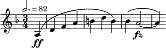 {
{ \time 3/4 \key f \major \partial 4 \tempo 2. = 82
  {  a4\( \ff  d' f' a'  b' d'' b'\) | bes'\( a'2~  \fz | a'4 \)  } }
}