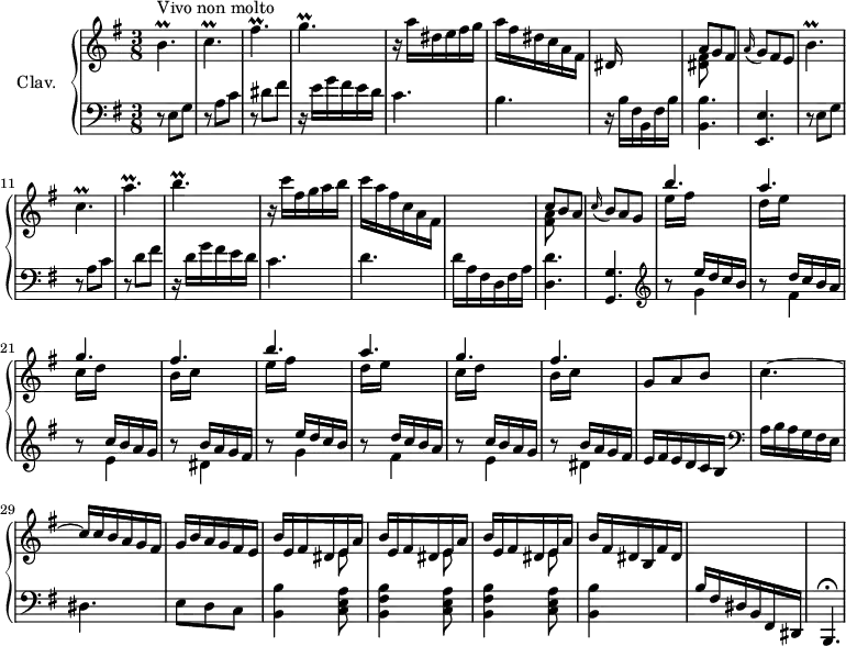 
\version "2.18.2"
\header {
  tagline = ##f
  % composer = "Domenico Scarlatti"
  % opus = "K. 203"
  % meter = "Vivo non molto"
}
%% les petites notes
trillBp     = { \tag #'print { b4.\prall } \tag #'midi { c32 b c b~ b4 } }
trillCp     = { \tag #'print { c4.\prall } \tag #'midi { d32 c d c~ c4 } }
trillFisp   = { \tag #'print { fis4.\prall } \tag #'midi { g32 fis g fis~ fis4 } }
trillGp     = { \tag #'print { g4.\prall } \tag #'midi { a32 g a g~ g4 } }
trillBpUp   = { \tag #'print { b'4.\prall } \tag #'midi { c32 b c b~ b4 } }
trillApUp   = { \tag #'print { a'4.\prall } \tag #'midi { b32 a b a~ a4 } }
upper = \relative c'' {
  \clef treble 
  \key e \minor
  \time 3/8
  \tempo 4. = 82
  \set Staff.midiInstrument = #"harpsichord"
  \override TupletBracket.bracket-visibility = ##f
      s8*0^\markup{Vivo non molto}
      \trillBp \trillCp \trillFisp \trillGp | r16 a16 dis, e fis g | a fis dis c a fis | dis s16 s4 |
      % ms. 8
      << { a'8 g fis } \\ { < dis fis >8 } >> | \appoggiatura a'16 g8 fis e |  \trillBpUp \trillCp \trillApUp \trillBp | r16 c16 fis, g a b | c a fis c a fis |
      % ms. 16
      s4. | << { c'8 b a } \\ { < fis a >8 } >> | \appoggiatura c'16 b8 a g | \repeat unfold 2 { << { b'4. a g fis } \\ { e16 fis s4 | d16 e s4 | c16 d s4 | b16 c s4 } >> }
      % ms. 27
      g8 a b | c4.~ | c16 c b a g fis |
      % ms. 30
      g16 b a g fis e | \repeat unfold 3 { << { b' e, fis dis e a } \\ { s4 e8 } >> } b'16 fis dis b fis' dis | s2.
}
lower = \relative c' {
  \clef bass
  \key e \minor
  \time 3/8
  \set Staff.midiInstrument = #"harpsichord"
  \override TupletBracket.bracket-visibility = ##f
    % ************************************** \appoggiatura a8  \repeat unfold 2 {  } \times 2/3 { }   \omit TupletNumber 
      r8 e,8 g | r8 a c | r8 dis fis | r16 e16 g fis e d | c4. | b | r16 b16 fis b,fis' b |
      % ms. 8
      < b, b' >4. | < e, e' > | r8 e'8 g | r8 a c | r8 d8 fis | r16 d16 g fis e d | c4. | d |
      % ms. 16
      d16 a fis d fis a | < d, d' >4. | < g, g' > |   \clef treble  \repeat unfold 2 { 
      << { b''8\rest e16 d c b | b8\rest d16 c b a | b8\rest c16 b a g | b8\rest b16 a g fis } 
      \\ { s8 g4 | s8 fis4 | s8 e4 | s8 dis4 } >> }
      % ms. 27
      e16 fis e d c b   \clef bass | a16 b a g fis e | dis4. | 
      % ms. 30
      e8 d c | < b b' >4 \repeat unfold 2 { < c e a >8 | < b fis' b >4 } < c e a >8 | < b b' >4 s8 | b'16 fis dis b fis dis |   \tempo 4. = 60 b4.\fermata
}
thePianoStaff = \new PianoStaff <<
    \set PianoStaff.instrumentName = #"Clav."
    \new Staff = "upper" \upper
    \new Staff = "lower" \lower
  >>
\score {
  \keepWithTag #'print \thePianoStaff
  \layout {
      #(layout-set-staff-size 17)
    \context {
      \Score
     \override SpacingSpanner.common-shortest-duration = #(ly:make-moment 1/2)
      \remove "Metronome_mark_engraver"
    }
  }
}
\score {
  \keepWithTag #'midi \thePianoStaff
  \midi { }
}
