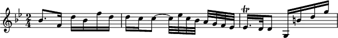 
\header {
  tagline = ##f
}
\score {
  \new Staff \with {
  }
<<
  \relative c'' {
    \key bes \major
    \time 2/4
    \override TupletBracket #'bracket-visibility = ##f 
    %\autoBeamOff
     %%%%%%% K15q
     bes8. f16 d'16 bes f' d d c c8~ c32 ees c bes a[ g f ees] ees16.\trill d32 d8 g,16 b'! d g
  }
>>
  \layout {
    \context {
      \remove "Metronome_mark_engraver"
    }
  }
  \midi {}
}
