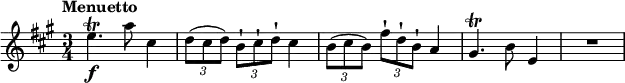 
\relative c'' {
    \version "2.18.2"
    \key a \major 
    \tempo "Menuetto"
    \time 3/4
    e4.\f\trill a8 cis,4
    \tuplet 3/2 {d8 (cis d)} \tuplet 3/2 {b-! cis-! d-!}cis4
      \tuplet 3/2 {b8 (cis b)} \tuplet 3/2 {fis'-! [d-! b-!] } a4
      gis4.\trill b8 e,4
      R2. 
}
