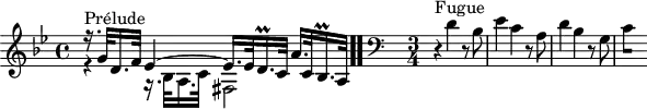 
\version "2.18.2"
\header {
  tagline = ##f
}
\score {
  \new Staff \with {
  }
<<
  \relative c'' {
    \key g \minor
    \time 4/4
	\set Staff.midiInstrument = #"harpsichord" 
    \override TupletBracket.bracket-visibility = ##f
     %% INCIPIT CBT II-10, BWV 879, mi mineur
     << { r16.^\markup{Prélude} g32 d16. f32 ees4~ ees16. ees32 d16.\prall c32 a'16. c,32 bes16.\prall a32 } \\ { r4 r16. bes32 a16. c32 fis,2 } >> \bar ".." 
     \skip 8*1
     \override Staff.Clef.extra-offset = #'( -1 . 0 )
     \clef bass 
     \time 3/4 \partial 2. \relative c' {
     r4^\markup{Fugue} d4 r8 bes8 ees4 c r8 a8 d4 bes r8 g8 
{ 
 % suppression des warnings :
 #(ly:set-option 'warning-as-error #f)
 #(ly:expect-warning (_ "stem does not fit in beam")) %% <= à traduire éventuellement
 #(ly:expect-warning (_ "beam was started here")) %% <= à traduire éventuellement
  \set stemRightBeamCount = #1
  c4*1/2[ s]
} }
  }
>>
  \layout {
     \context { \Score \remove "Metronome_mark_engraver" 
                \override SpacingSpanner.common-shortest-duration = #(ly:make-moment 1/2) 
          }
  }
  \midi {}
}
