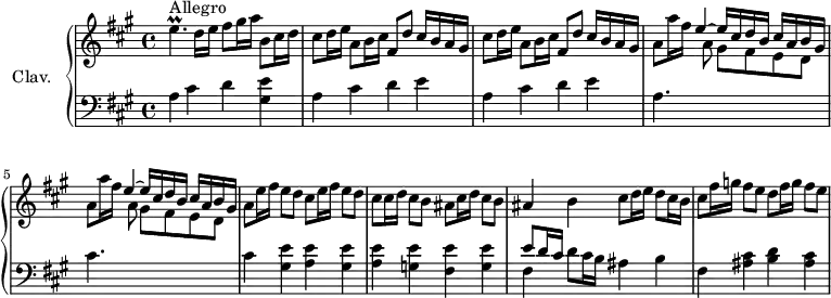 
\version "2.18.2"
\header {
  tagline = ##f
  % composer = "Domenico Scarlatti"
  % opus = "K. 301"
  % meter = "Allegro"
}
%% les petites notes
trillEp     = { \tag #'print { e4.\prall } \tag #'midi { fis32 e fis e fis e~ e16~ e8 } }
upper = \relative c'' {
  \clef treble 
  \key a \major
  \time 4/4
  \tempo 4 = 100
  \set Staff.midiInstrument = #"harpsichord"
  \override TupletBracket.bracket-visibility = ##f
      s8*0^\markup{Allegro}
      \trillEp d16 e fis8 gis16 a b,8 cis16 d | \repeat unfold 2 { cis8 d16 e a,8 b16 cis fis,8 d' cis16 b a gis } | 
      % ms. 4
      \repeat unfold 2 { a8 a'16 fis \stemUp e4^~ e16 cis d b cis a b gis  \stemDown } |  \stemNeutral a8 \repeat unfold 2 { e'16 fis e8 d cis } 
      % ms. 7 suite
      cis16 d cis8 b ais cis16 d cis8 b | ais4 b cis8 d16 e d8 cis16 b | cis8 fis16 g fis8 e d fis16 g fis8 e |
      % ms. 16
      % ms. 21
}
lower = \relative c' {
  \clef bass
  \key a \major
  \time 4/4
  \set Staff.midiInstrument = #"harpsichord"
  \override TupletBracket.bracket-visibility = ##f
    % ************************************** \appoggiatura \repeat unfold 2 {  } \times 2/3 { }
      a4 cis d < gis, e' > | \repeat unfold 2 { a4 cis d e }
      % ms. 4
      a,4. \stemDown \change Staff = "upper"  a'8 gis fis e d \change Staff = "lower" | cis4. \stemDown \change Staff = "upper" a'8 gis fis e d | \stemNeutral \change Staff = "lower" cis4 \repeat unfold 2 { < gis e' > < a e' > } 
      % ms. 7 suite
      < g e' >4 < fis e' > < g e' > | << { e'8 d16 cis } \\ { fis,4 } >> d'8 cis16 b ais4 b | fis4 < ais cis >4 < b d > < ais cis > |
      % ms. 10
      % ms. 13
}
thePianoStaff = \new PianoStaff <<
    \set PianoStaff.instrumentName = #"Clav."
    \new Staff = "upper" \upper
    \new Staff = "lower" \lower
  >>
\score {
  \keepWithTag #'print \thePianoStaff
  \layout {
      #(layout-set-staff-size 17)
    \context {
      \Score
     \override SpacingSpanner.common-shortest-duration = #(ly:make-moment 1/2)
      \remove "Metronome_mark_engraver"
    }
  }
}
\score {
  \keepWithTag #'midi \thePianoStaff
  \midi { }
}
