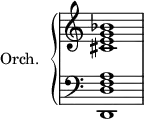 
\version "2.18.2"
\header {
  tagline = ##f
}
%%%%%%%%%% KEYS %%%%%%%%%%%%%
global = { \time 4/4 \override Staff.TimeSignature.stencil = ##f }
Key = { \key c \major }
%% main droite
rhUpper = \relative c'' {
  \voiceOne
  \Key
  < g bes >1
}
rhLower = \relative c' {
  \voiceTwo
  \Key
  < cis e >1
}
%% main gauche
lhUpper = \relative c' {
  \voiceOne
  \Key
  < f, a >1
}
lhLower = \relative c {
  \voiceTwo
  \Key
  < d, d' >1
}
PianoRH = {
  \clef treble
  \global
  \set Staff.midiInstrument = #"acoustic grand"
  <<
    \new Voice = "one" \rhUpper
    \new Voice = "two" \rhLower
  >>
}
PianoLH = {
  \clef bass
  \global
  \set Staff.midiInstrument = #"acoustic grand"
  <<
    \new Voice = "one" \lhUpper
    \new Voice = "two" \lhLower
  >>
}
piano = {
  <<
    \set PianoStaff.instrumentName = #"Orch."
    \new Staff = "upper" \PianoRH
    \new Staff = "lower" \PianoLH
  >>
}
\score {
  \new PianoStaff <<
    \new PianoStaff = "piano" \piano
  >>
  \layout {
    \context {
      \Score
      \remove "Metronome_mark_engraver"
    }
  }
  \midi { }
}
