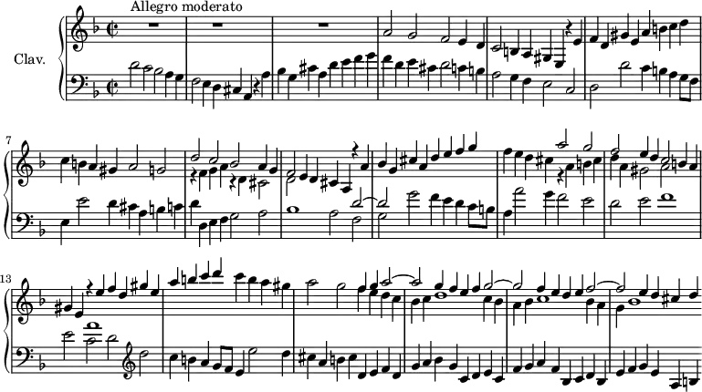 
\version "2.18.2"
\header {
  tagline = ##f
  % composer = "Domenico Scarlatti"
  % opus = "K. 417"
  % meter = "Allegro moderato"
}
%% les petites notes
Dux    = { d2 c bes a4 g | f2 e4 d cis a r4 a' | bes g cis a d e f g }
Comes  = { a2 g f e4 d | c2 b4 a gis e r4 e' | f d gis e a b c d }
upper = \relative c'' {
  \clef treble 
  \key d \minor
  \time 4/2
  \once \override Score . TimeSignature #'stencil = #ly:text-interface::print
  \override Staff.TimeSignature #'text = \markup \musicglyph #"timesig.C22" 
  \tempo 2 = 82
  \set Staff.midiInstrument = #"harpsichord"
  \override TupletBracket.bracket-visibility = ##f
      s8*0^\markup{Allegro moderato}
      s2. r1 s4 | s2. r1 s4 | s2. r1 s4 | \Comes
      % ms. 7
      c4 b a gis a2 g | << { \relative c'' \Dux } \\ { r4 f4 g a r4 d, cis2 | d } >>
      % ms. 11
      f'4 e d cis << { \relative c''' \Comes } \\ { r4 a4 b cis | d a gis2 a } >>
      % ms. 14 suite
      c'4 b a gis | a2 g << { f4 g a2~ | a2 g4f e f g2~ g f4 e d e f2~ | f e4 d cis d } \\ { f4 e d c | bes c d1 c4 bes | a bes c1 bes4 a g bes1 } >>
      % ms. x
}
lower = \relative c' {
  \clef bass
  \key d \minor
  \time 4/2
  \once \override Score . TimeSignature #'stencil = #ly:text-interface::print
  \override Staff.TimeSignature #'text = \markup \musicglyph #"timesig.C22" 
  \set Staff.midiInstrument = #"harpsichord"
  \override TupletBracket.bracket-visibility = ##f
    % ************************************** \appoggiatura a16  \repeat unfold 2 {  } \times 2/3 { }   \omit TupletNumber 
      \Dux
      % ms. 4
      f4 d e cis d2 c4 b | a2 g4 f e2 c | d d' c4 b a g8 f |
      % ms. 7
      e4 e'2 d4 cis a b c | d d, e f g2 a | bes1 a2 << { d2~ | d } \\ { f,2 | g } >>
      % ms. 10 suite
      g'2 f4 e d c8 b | a4 a'2 g4 f2 e | d e f1 |
      % ms. 13
      e2 << { a1 } \\ { c,2 d } >>   \clef treble d'2 | c4 b a g8 f e4 e'2 d4 | cis a b cis d, e f d |
      % ms. 16
      g4 a bes g c, d e c | f g a f bes, c d bes | e f g e a, b 
}
thePianoStaff = \new PianoStaff <<
    \set PianoStaff.instrumentName = #"Clav."
    \new Staff = "upper" \upper
    \new Staff = "lower" \lower
  >>
\score {
  \keepWithTag #'print \thePianoStaff
  \layout {
      #(layout-set-staff-size 17)
    \context {
      \Score
     \override SpacingSpanner.common-shortest-duration = #(ly:make-moment 1/2)
      \remove "Metronome_mark_engraver"
    }
  }
}
\score {
  \keepWithTag #'midi \thePianoStaff
  \midi { }
}
