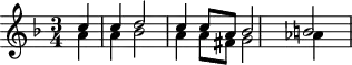 
\header {
  tagline = ##f
}
\score {
  \new Staff \with {
  }
<<
  \relative c'' {
    \key f \major
    \time 3/4
    \override TupletBracket #'bracket-visibility = ##f 
    %\autoBeamOff
     %%%%%%% K 82
     \partial 4
     << { c4 c d2 c4 c8[ a] bes2 b! } \\ { a4 a bes2 a4 a8[ fis] g2 aes4  } >>
  }
>>
  \layout {
    \context {
      \remove "Metronome_mark_engraver"
    }
  }
  \midi {}
}
