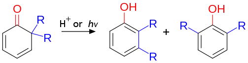 (en) Réarrangement d'une cyclohexadiénone 4,4-disubstituée en haut, et 2,2-disubstituée en bas.