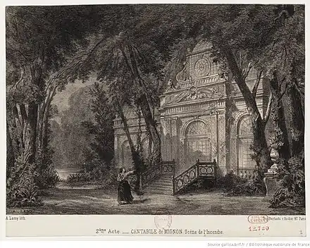 Scène de l'incendie, IIe acte de Mignon. Estampe de la création de l'oeuvre à l'Opéra Comique par Eugène Lami (1866)