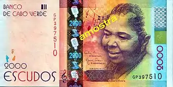 Nouveau billet de 2 000 $ : Cesaria Evora (avers)