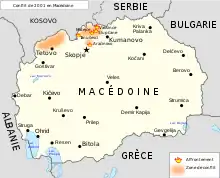 Carte de la Macédoine montrant les zones d'activité de l'UÇK-M pendant le conflit, confinées sur la frontière kosovare
