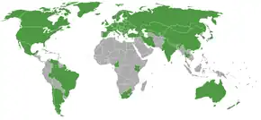 Carte du monde des nations participant aux Jeux indiquées en vert et en bleu.