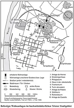 Carte des complexes résidentiels fortifiés de la haute ville médiévale de Trèves