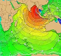 Propagation des ondes du tsunami de 2004.