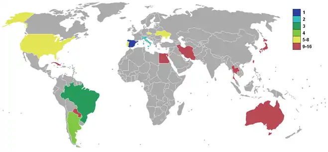 Planisphère représentant les pays dont les équipes se sont qualifiées pour la Coupe du monde 2004