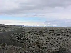 Vue de l'Eldhraun recouverte de mousses et traversée par la route 1 à proximité de Kirkjubæjarklaustur avec l'Öræfajökull au dernier plan.