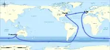 Mappemonde illustrant le parcours de la Velux 5 Oceans 2006-2007