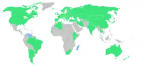 Carte du monde des nations participant aux Jeux indiquées en vert et en bleu.