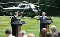 Le Premier ministre britannique Gordon Brown et George W. Bush s'adressant à la presse à Camp David, le 30 juillet 2007.