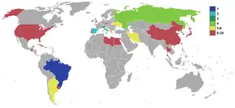 Planisphère représentant les pays dont les équipes se sont qualifiées pour la Coupe du monde 2000
