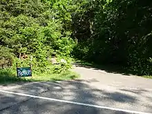 panneau portant l'inscription Pachyderm à l'entrée d'une route s'enfonçant dans la végétation.