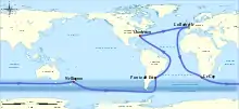 Mappemonde illustrant le parcours de la Velux 5 Oceans 2010-2011