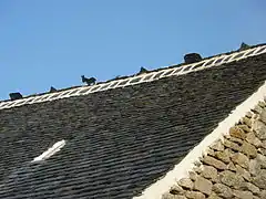 Lignolet croisé ouvragé sur un toit de lauze schisteuse à Botmeur (Finistère).