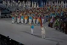 Photographie de l'entrée de la délégation allemande lors de la cérémonie d'ouverture.