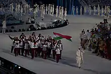 Photographie de l'entrée de la délégation hongroise lors de la cérémonie d'ouverture.