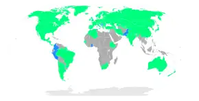 Carte du monde des nations participant aux Jeux indiquées en vert et en bleu.