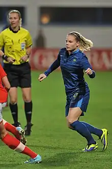L'attaquante des Bleues Eugénie Le Sommer lors du match Autriche – France
