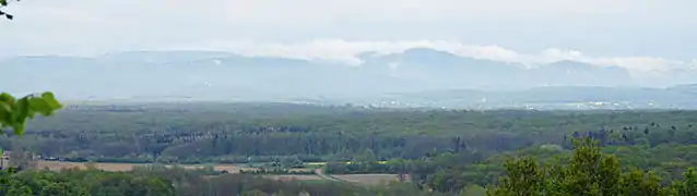 Paysage depuis le sommet du Mont avec les Vosges brumeuses.
