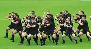 Photographie en couleur. Sur un terrain de rugby, des joueurs habillés en noir sont en train de réaliser une chorégraphie, ici en ayant les jambes fléchies et un bras levé, tandis que l'autre main frappe le coude de celui-ci.