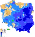 Les votes pour Droit et Justice (en bleu foncé) sont concentrés dans le sud-est du pays (ancienne partition russe et partition autrichienne). Cette carte est extraite du résultat des élections législatives polonaises de 2015.