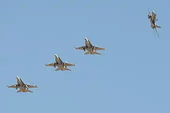 Formation de F/A-18 de la Staffel 11 (en) au Tiger Meet 2016 à la base aérienne de Saragosse (es).
